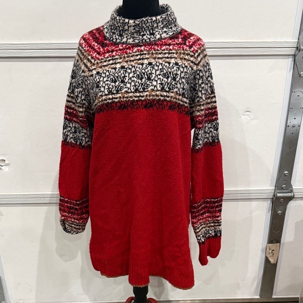 Moth by Anthropology Red and Black Patterned Cowl Neck Sweater
